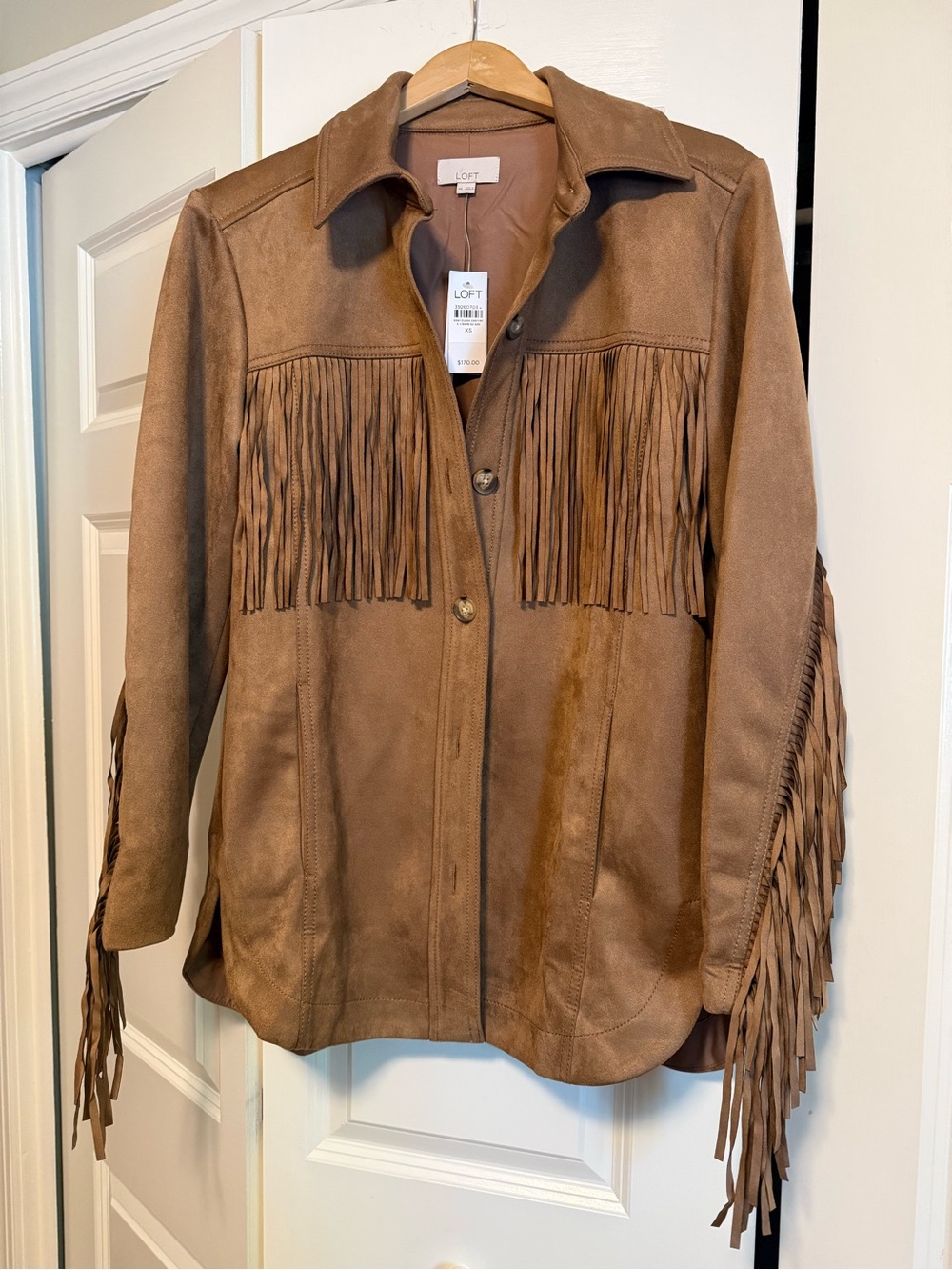 LOFT Brown Suede Fringe Button-Front Jacket